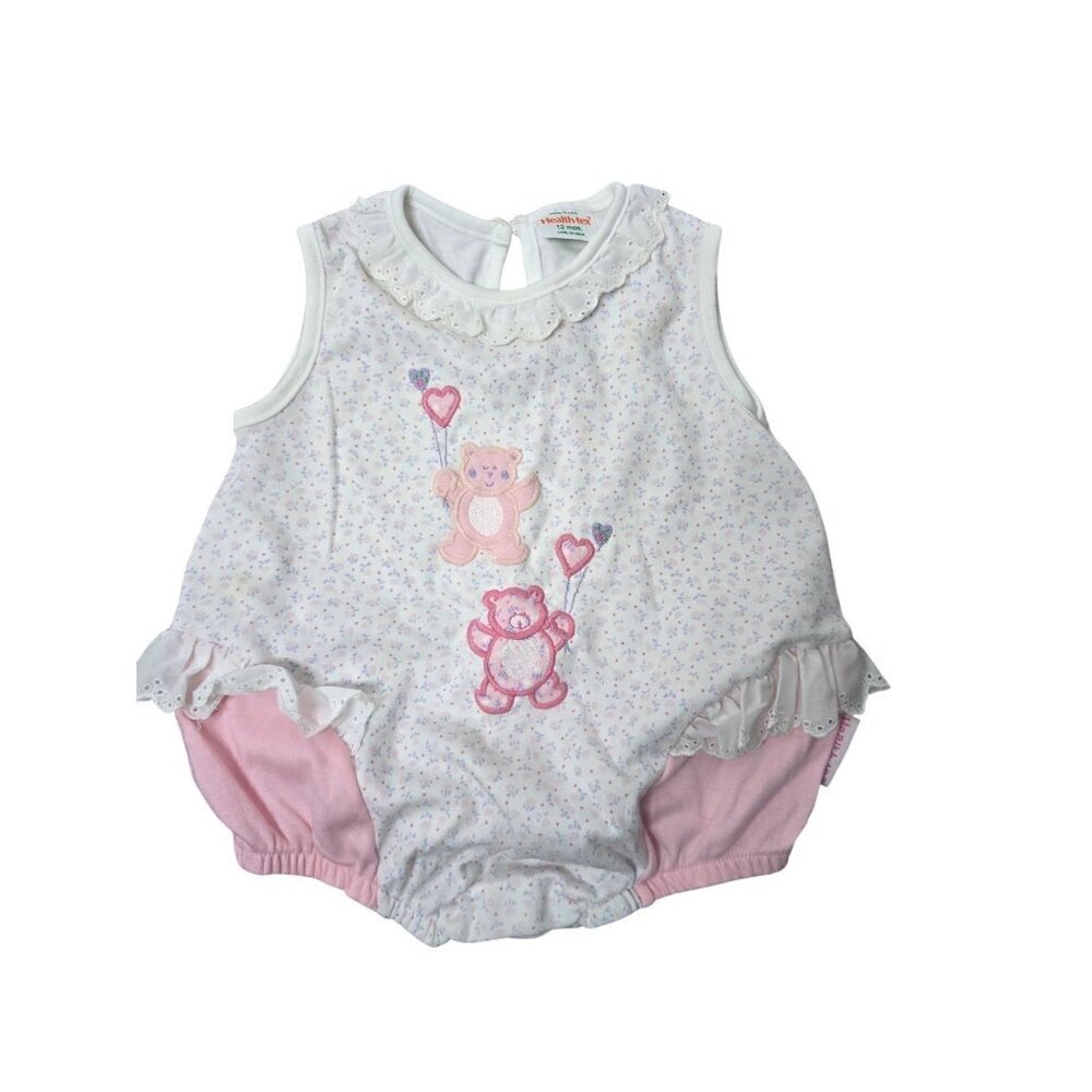 Vintage Baby Girl Pink Ruffled Flower Teddy bear One Piece 12 months